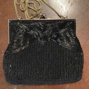 Vintage Magid Beaded Clutch Purse Black Evening Bag with shoulder strap